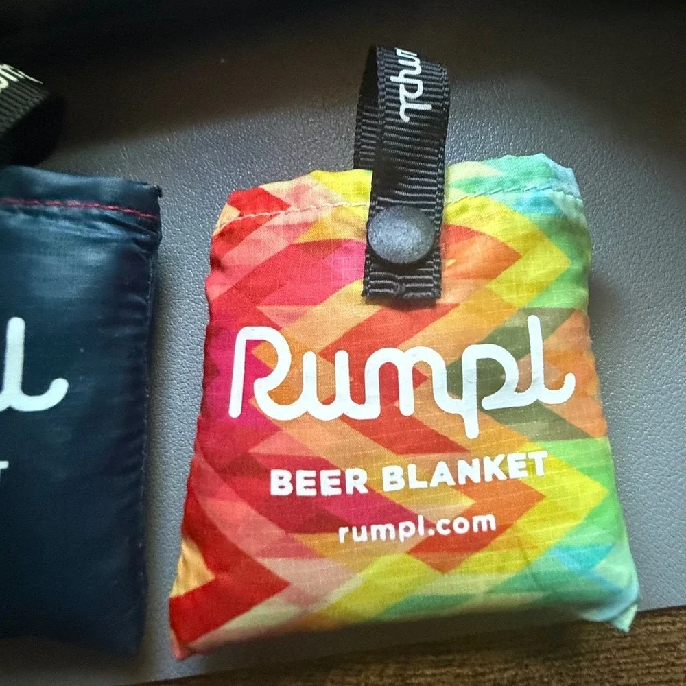 Rumpl Beer Blanket Set of 2 Insulated Can Koozies Navy & Rainbow Geometric Puffy